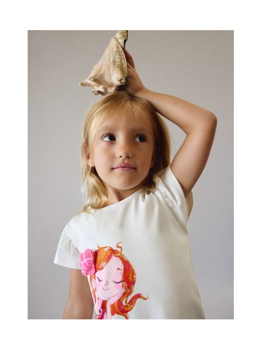 MAYORAL BLUZKA T-SHIRT KOSZULKA NA KTÓRTKI RĘKAWEK  DLA DZIEWCZYNKI KREM SYRENKA 3007 /84