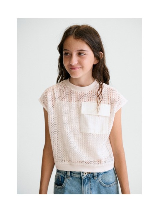 MAYORAL BLUZKA TOP NA KRÓTKI RĘKAW DLA DZIEWCZYNY BEŻ  AŻUROWY 6160 /61