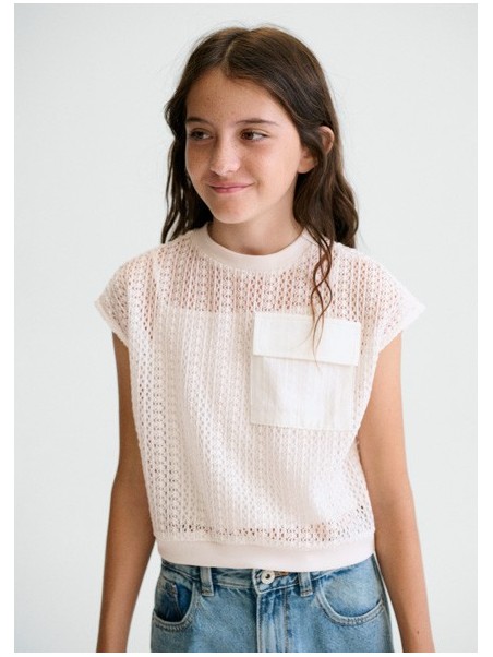 MAYORAL BLUZKA TOP NA KRÓTKI RĘKAW DLA DZIEWCZYNY BEŻ  AŻUROWY 6160 /61