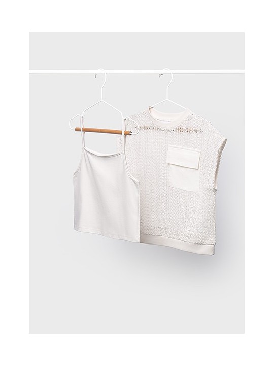 MAYORAL BLUZKA TOP NA KRÓTKI RĘKAW DLA DZIEWCZYNY BEŻ  AŻUROWY 6160 /61