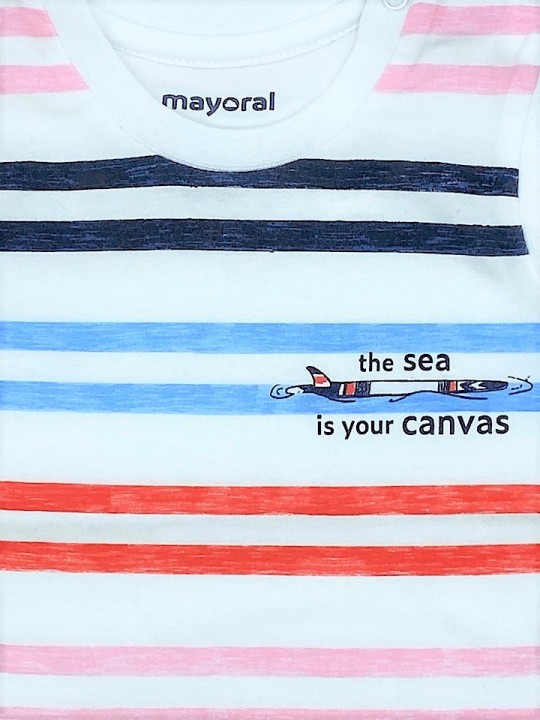 MAYORAL NEWBORN BLUZKA KOSZULKA T-SHIRT BEZ RĘKAWA DLA CHŁOPCA CZERWONE PASKI