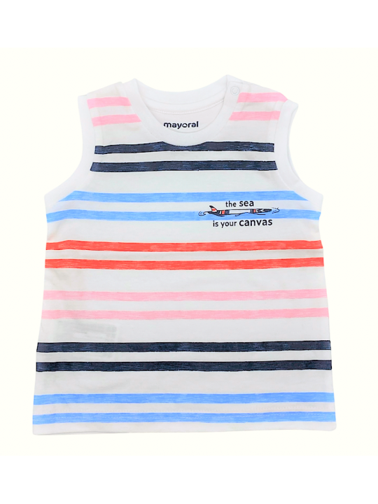 MAYORAL NEWBORN BLUZKA KOSZULKA T-SHIRT BEZ RĘKAWA DLA CHŁOPCA CZERWONE PASKI