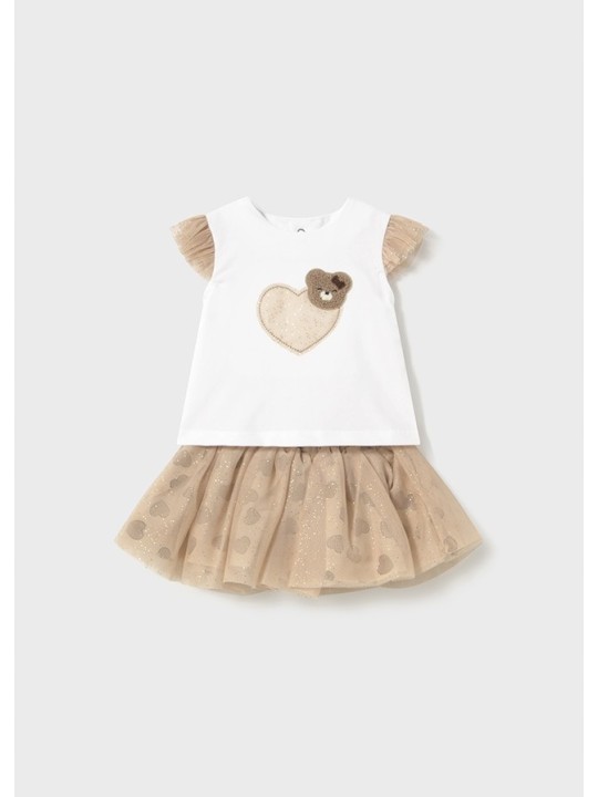 MAYORAL NEWBORN KOMPLET LETNI DLA DZIEWCZYNKI BLUZKA SPÓDNICZKA TIUL SERDUSZKA 1874/39