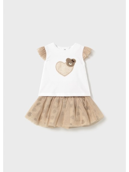MAYORAL NEWBORN KOMPLET LETNI DLA DZIEWCZYNKI BLUZKA SPÓDNICZKA TIUL SERDUSZKA 1874/29