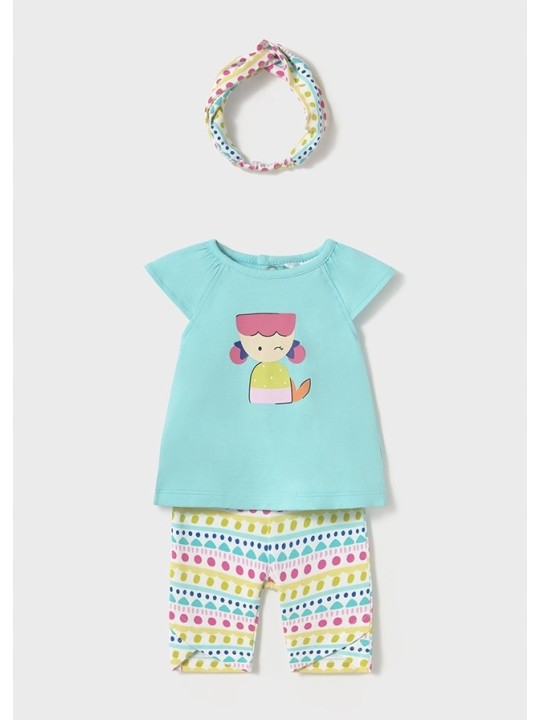 MAYORAL NEWBORN KOMPLET LETNI DLA DZIEWCZYNKI KOSZULKA LEGINSY OPASKA 1763/89