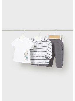 MAYORAL NEWBORN KOMPLET BLUZA ROZPINANA  Z USZAMI KOSZULKA BIAŁA SPODNIE SZARA 1892/93