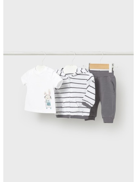 MAYORAL NEWBORN KOMPLET BLUZA ROZPINANA  Z USZAMI KOSZULKA BIAŁA SPODNIE SZARA 1892/93