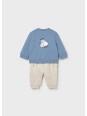 MAYORAL NEWBORN KOMPLET BLUZA NIEBIESKA Z HAFTEM SPODNIE BEŻOWE  1628