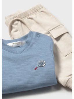 MAYORAL NEWBORN KOMPLET BLUZA NIEBIESKA Z HAFTEM SPODNIE BEŻOWE  1628