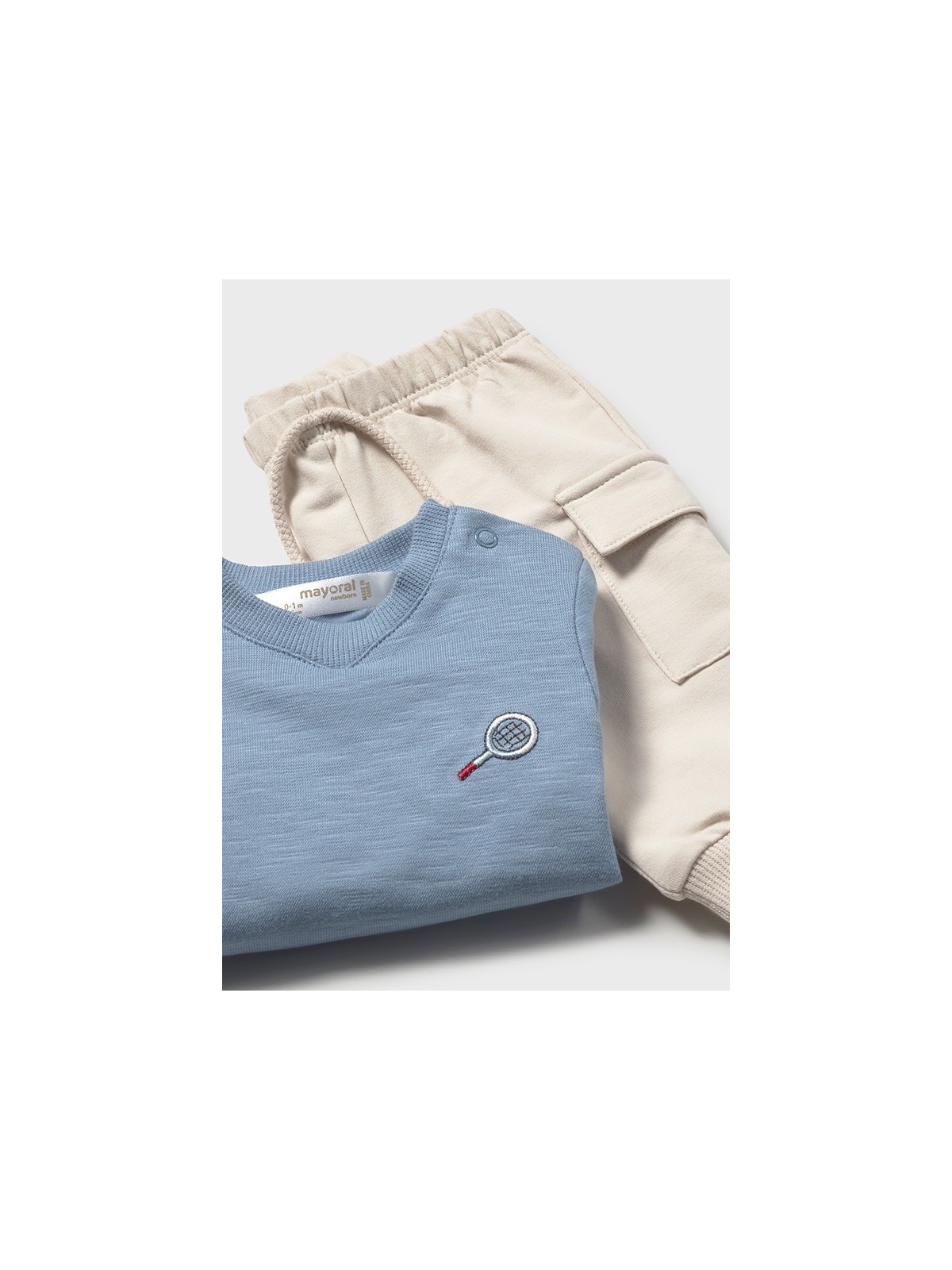 MAYORAL NEWBORN KOMPLET BLUZA NIEBIESKA Z HAFTEM SPODNIE BEŻOWE  1628