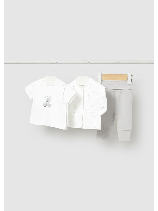 MAYORAL NEWBORN KOMPLET BLUZA KOSZULKA SPODNIE BIAŁO SZARY W GĄSKI  1894/73