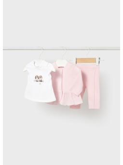 MAYORAL NEWBORN KOMPLET DLA DZIEWCZYNKI BLUZA ROZPINANA BIAŁA KOSZULKA LEGINSY RÓŻOWE 1732/14