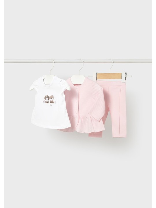 MAYORAL NEWBORN KOMPLET DLA DZIEWCZYNKI BLUZA ROZPINANA BIAŁA KOSZULKA LEGINSY RÓŻOWE 1732/14