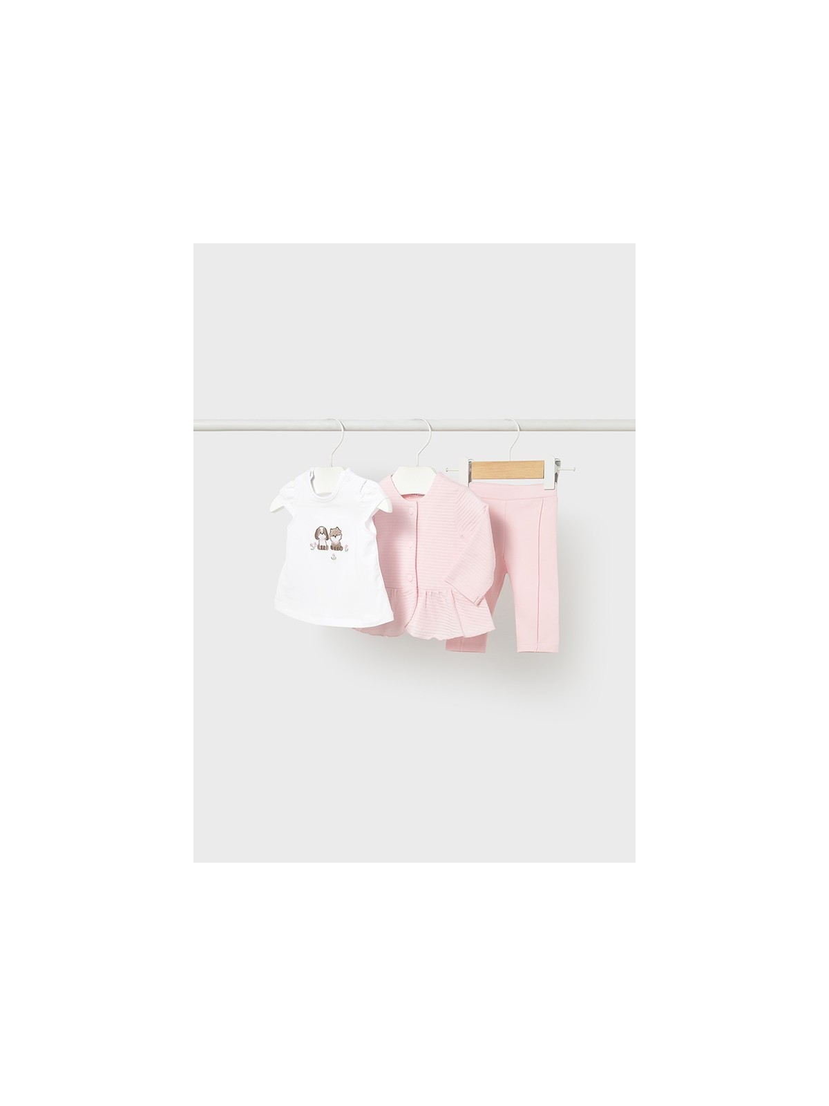 MAYORAL NEWBORN KOMPLET DLA DZIEWCZYNKI BLUZA ROZPINANA BIAŁA KOSZULKA LEGINSY RÓŻOWE 1732/14