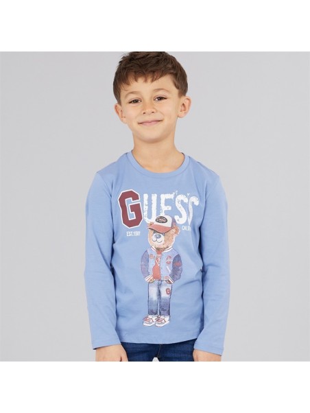 GUESS BLUZKA KOSZULKA DLA CHŁOPCA NA DŁUGI RĘKAW  Z MISIEM BŁĘKIT N5YI23K8HM4-A73S