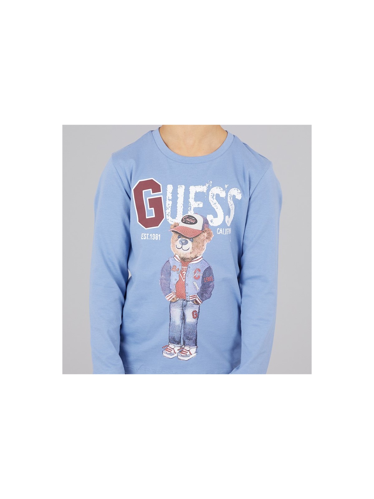 GUESS BLUZKA KOSZULKA DLA CHŁOPCA NA DŁUGI RĘKAW  Z MISIEM BŁĘKIT N5YI23K8HM4-A73S