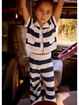 MAYORAL KOMPLET DZIANINA BLUZKA SPODNIE SZOROKIE W PASKI GRANAT KREM  3595/66