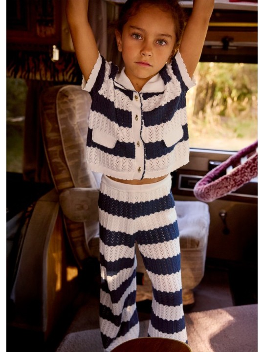 MAYORAL KOMPLET DZIANINA BLUZKA SPODNIE SZOROKIE W PASKI GRANAT KREM  3595/66