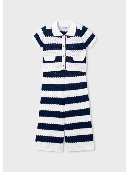 MAYORAL KOMPLET DZIANINA BLUZKA SPODNIE SZOROKIE W PASKI GRANAT KREM  3595/66