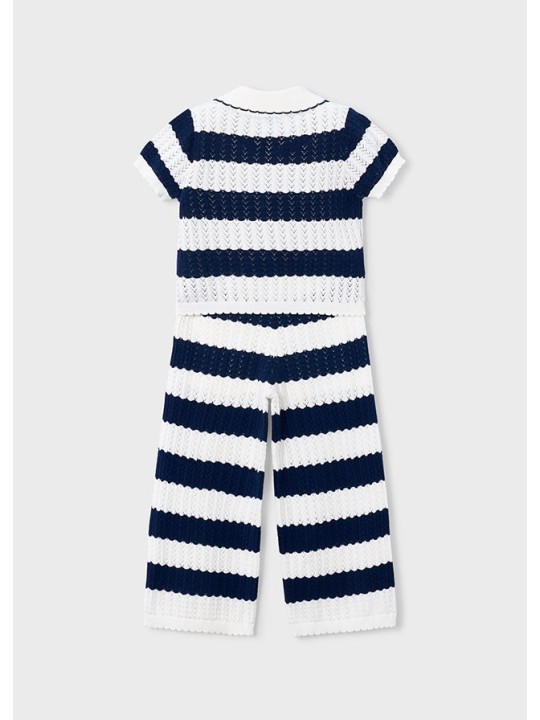 MAYORAL KOMPLET DZIANINA BLUZKA SPODNIE SZOROKIE W PASKI GRANAT KREM  3595/66