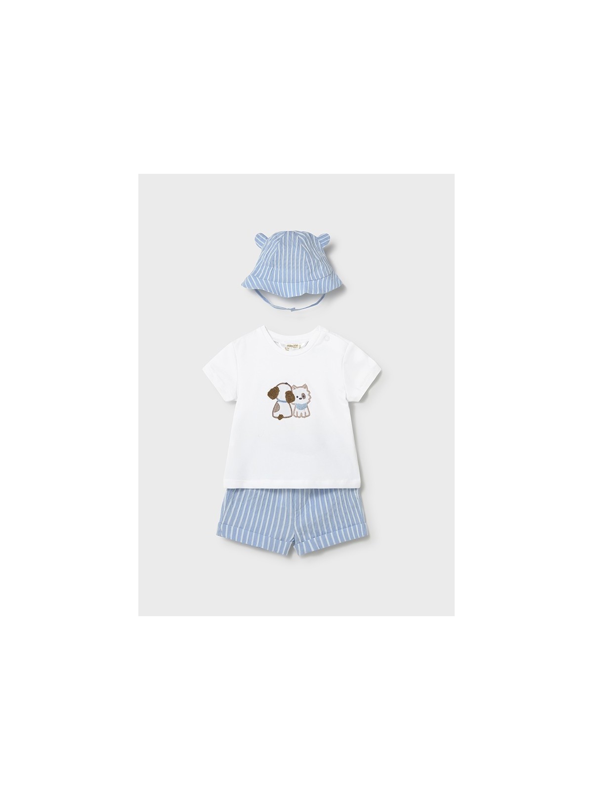 MAYORAL NEWBORN KOMPLET DLA CHŁOPCA KOSZULKA SPODENKI KAPELUSZ 1276/38