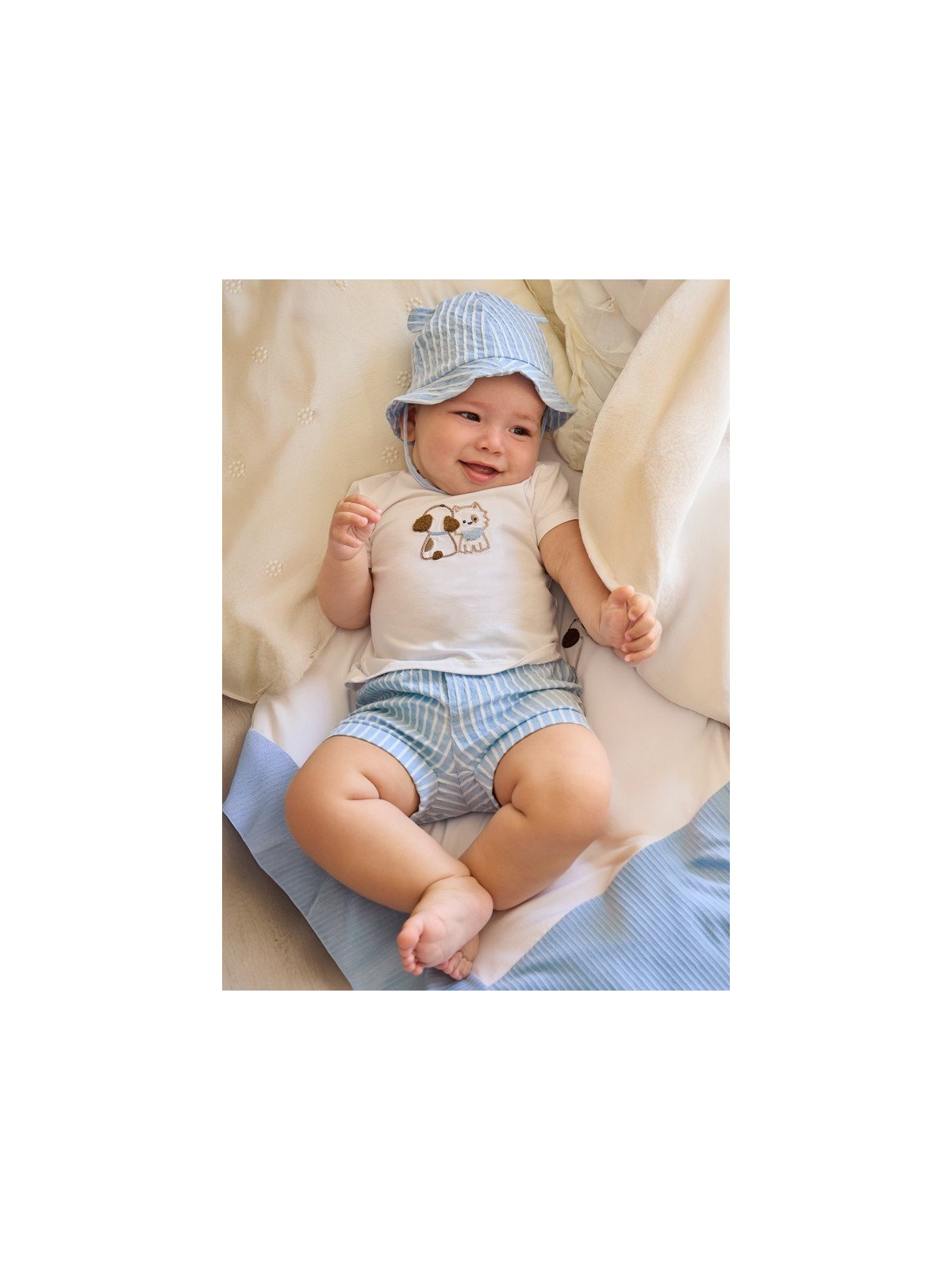 MAYORAL NEWBORN KOMPLET DLA CHŁOPCA KOSZULKA SPODENKI KAPELUSZ 1276/38