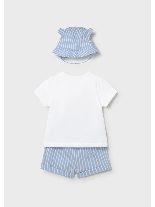 MAYORAL NEWBORN KOMPLET DLA CHŁOPCA KOSZULKA SPODENKI KAPELUSZ 1276/38