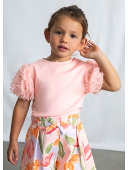 MAYORAL BLUZKA T-SHIRT KOSZULKA NA KRÓTKI RĘKAW DLA DZIEWCZYNKI TIULOWE RĘKAWY 3001/47