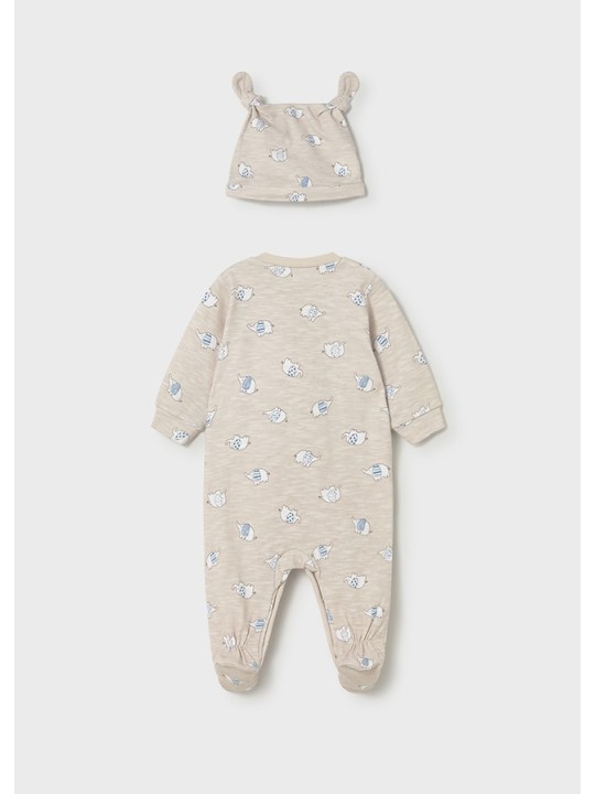 MAYORAL NEWBORN PAJAC ŚPIOCHY PLUS CZAPKA  DLA CHŁOPCA  BEŻOWE W SŁONIKI 1718/68