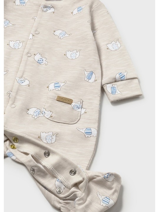 MAYORAL NEWBORN PAJAC ŚPIOCHY PLUS CZAPKA  DLA CHŁOPCA  BEŻOWE W SŁONIKI 1718/68