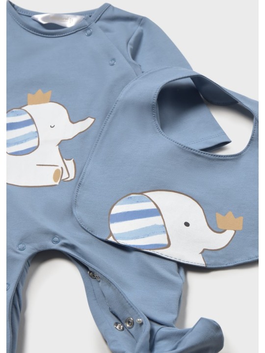 MAYORAL NEWBORN PAJAC ŚPIOCHY DLA CHŁOPCA NIEBIESKI Z NADRUKIEM PLUS ŚLINIAK 1714/88