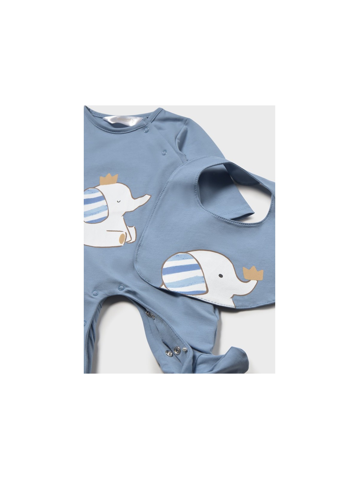 MAYORAL NEWBORN PAJAC ŚPIOCHY DLA CHŁOPCA NIEBIESKI Z NADRUKIEM PLUS ŚLINIAK 1714/88