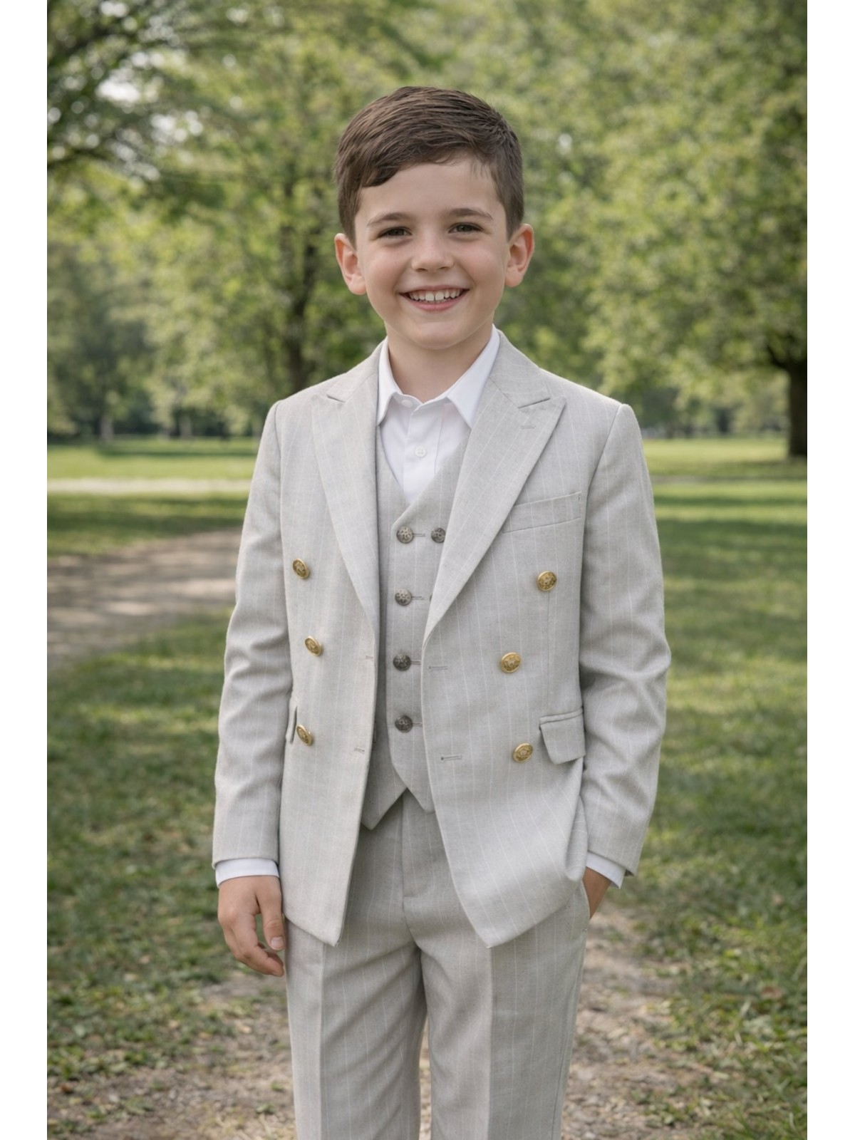 GIOVANNI PERA GARNITUR SZARY W DELIKATNY  PRĄŻEK  MARYNARKA KAMIZELKA SPODNIE ZŁOTE GUZIKI 672/37