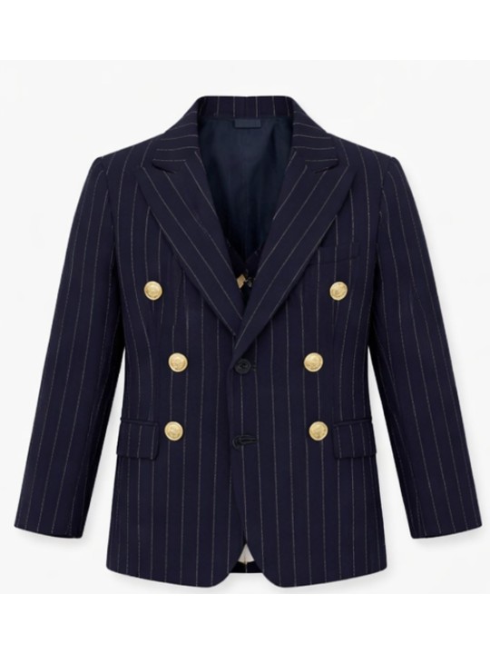 GIOVANNI PERA GARNITUR GRANATOWY  W DELIKATNY PRĄŻEK MARYNARKA KAMIZELKA SPODNIE ZŁOTE GUZIKI 672/37