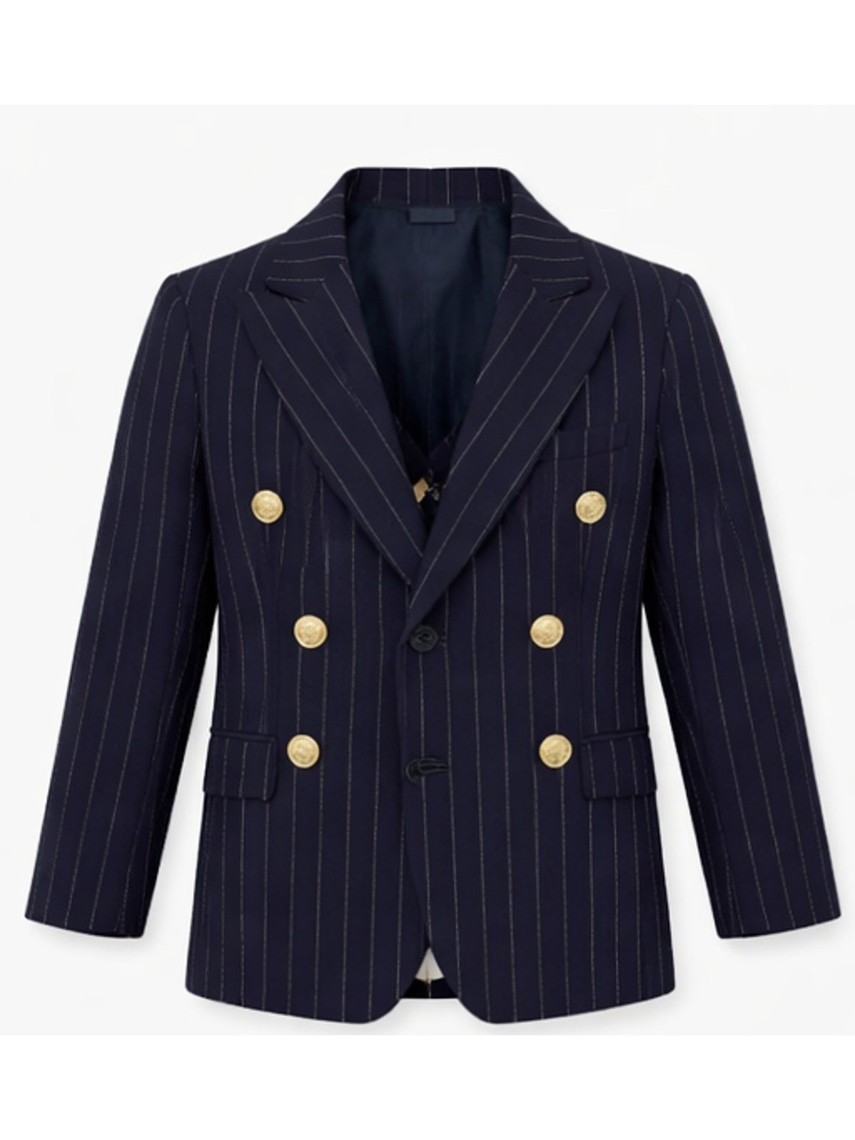 GIOVANNI PERA GARNITUR GRANATOWY  W DELIKATNY PRĄŻEK MARYNARKA KAMIZELKA SPODNIE ZŁOTE GUZIKI 672/37