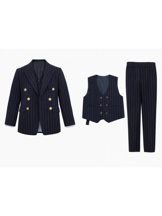 GIOVANNI PERA GARNITUR GRANATOWY  W DELIKATNY PRĄŻEK MARYNARKA KAMIZELKA SPODNIE ZŁOTE GUZIKI 672/37