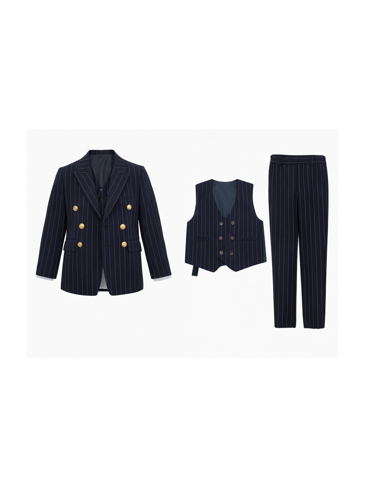 GIOVANNI PERA GARNITUR GRANATOWY  W DELIKATNY PRĄŻEK MARYNARKA KAMIZELKA SPODNIE ZŁOTE GUZIKI 672/37