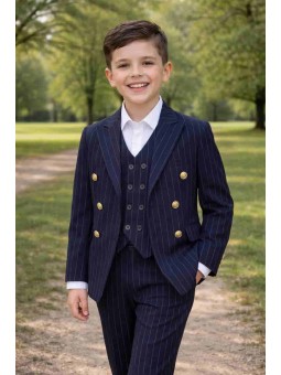 GIOVANNI PERA GARNITUR GRANATOWY  W DELIKATNY PRĄŻEK MARYNARKA KAMIZELKA SPODNIE ZŁOTE GUZIKI 672/37