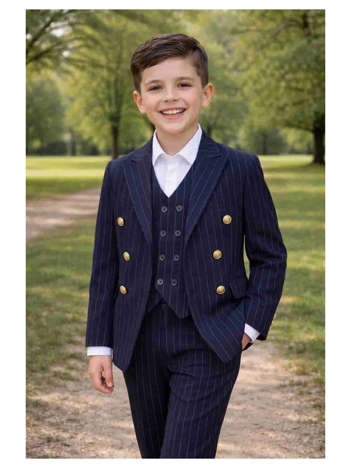 GIOVANNI PERA GARNITUR GRANATOWY  W DELIKATNY PRĄŻEK MARYNARKA KAMIZELKA SPODNIE ZŁOTE GUZIKI 672/37