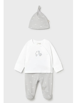 MAYORAL NEWBORN KOMPLET KAFTANIK PÓŁŚPIOCHY I CZAPKA BIAŁO SZARE W GĄSKI 1506/73