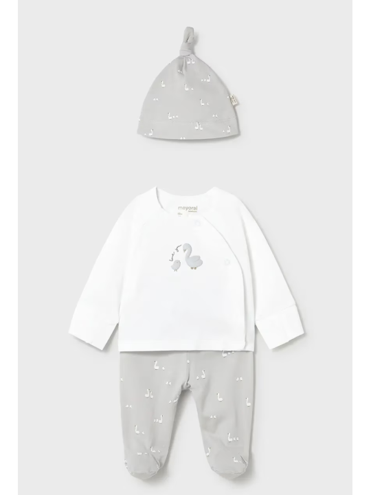 MAYORAL NEWBORN KOMPLET KAFTANIK PÓŁŚPIOCHY I CZAPKA BIAŁO SZARE W GĄSKI 1506/73