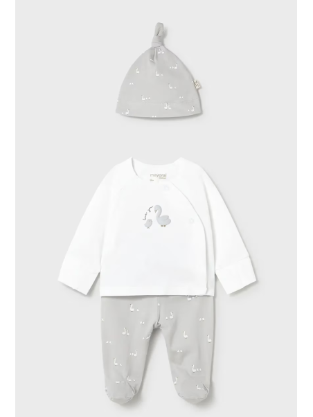 MAYORAL NEWBORN KOMPLET KAFTANIK PÓŁŚPIOCHY I CZAPKA BIAŁO SZARE W GĄSKI 1506/73