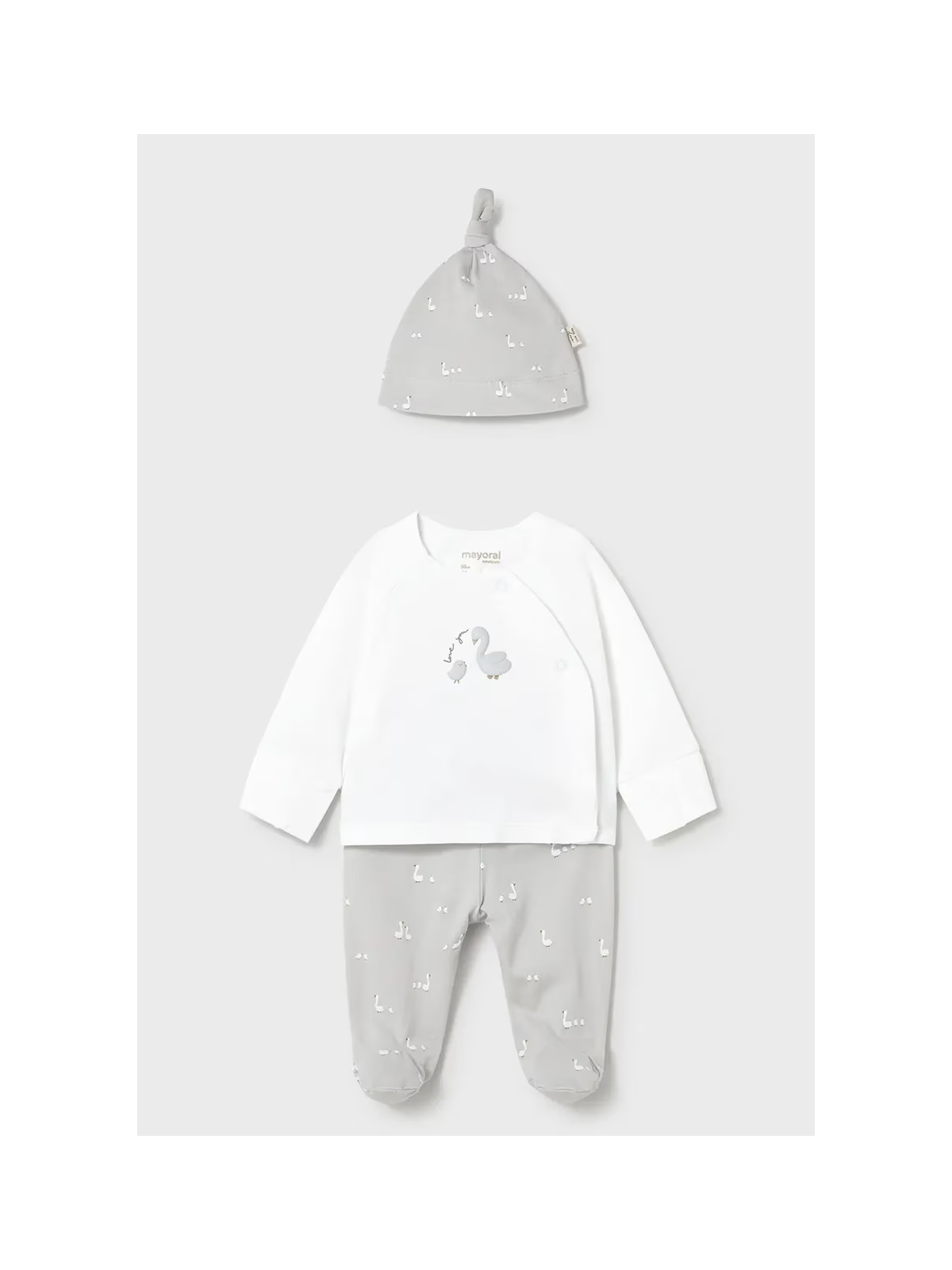 MAYORAL NEWBORN KOMPLET KAFTANIK PÓŁŚPIOCHY I CZAPKA BIAŁO SZARE W GĄSKI 1506/73