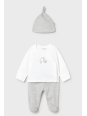 MAYORAL NEWBORN KOMPLET KAFTANIK PÓŁŚPIOCHY I CZAPKA BIAŁO SZARE W GĄSKI 1506/73