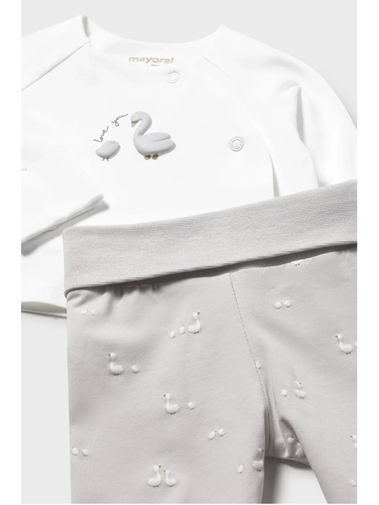 MAYORAL NEWBORN KOMPLET KAFTANIK PÓŁŚPIOCHY I CZAPKA BIAŁO SZARE W GĄSKI 1506/73