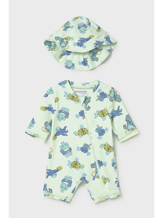 MAYORAL NEWBORN KOMPLET KĄPIELOWY KOMBINEZON PLUS KAPELUSZ OCHRONĄ UV  40 + 1620/38