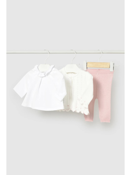 MAYORAL NEWBORN  KOMPLET BLUZKA SPODENKI RÓŻOWE BIAŁA BLUZECZKA I SWETEREK 1507/84
