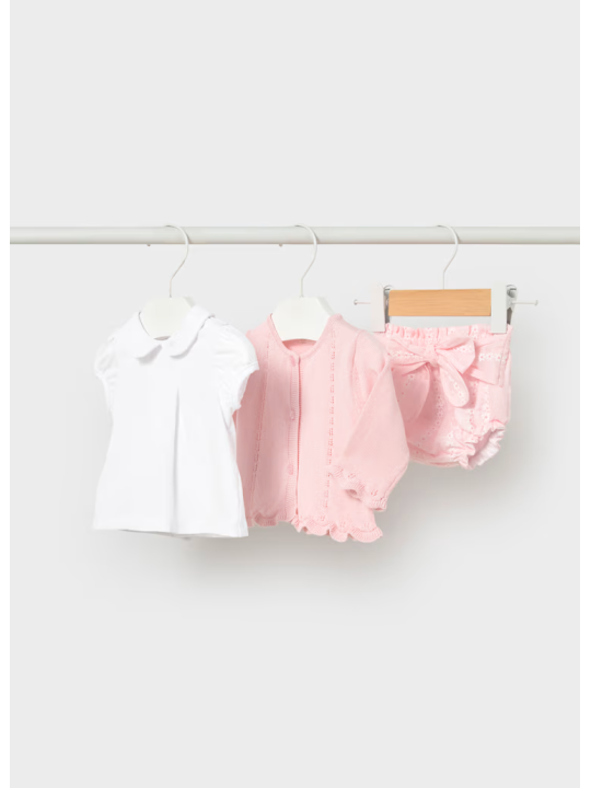 MAYORAL NEWBORN  KOMPLET BLUZKA SWETEREK I MAJTECZKI RÓŻÓWO BIAŁY 1287/50