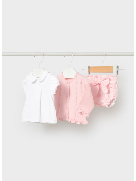 MAYORAL NEWBORN  KOMPLET BLUZKA SWETEREK I MAJTECZKI RÓŻÓWO BIAŁY 1287/50