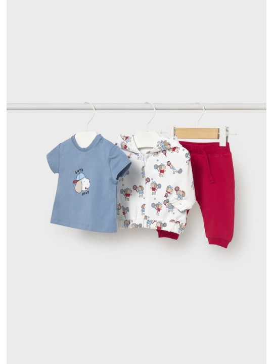 MAYORAL NEWBORN KOMPLET BLUZA ROZPINANA KOSZULKA Z KRÓTKIM RĘKAWEM I SPODNIE DRESOWE CZERWONE 1893/31